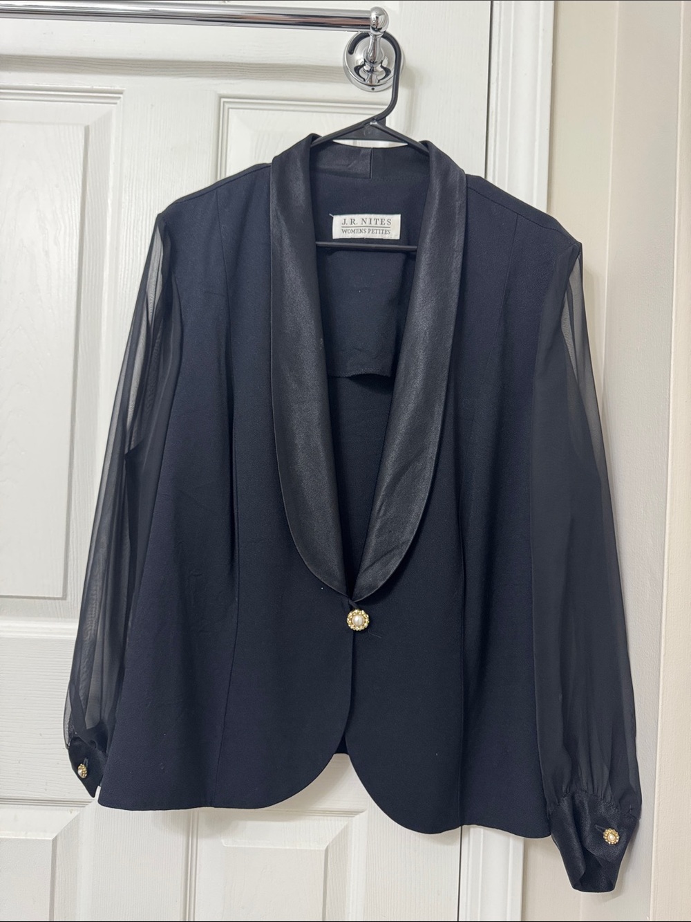 J.R. Nites Black Satin-Trim Sheer Sleeve Blazer